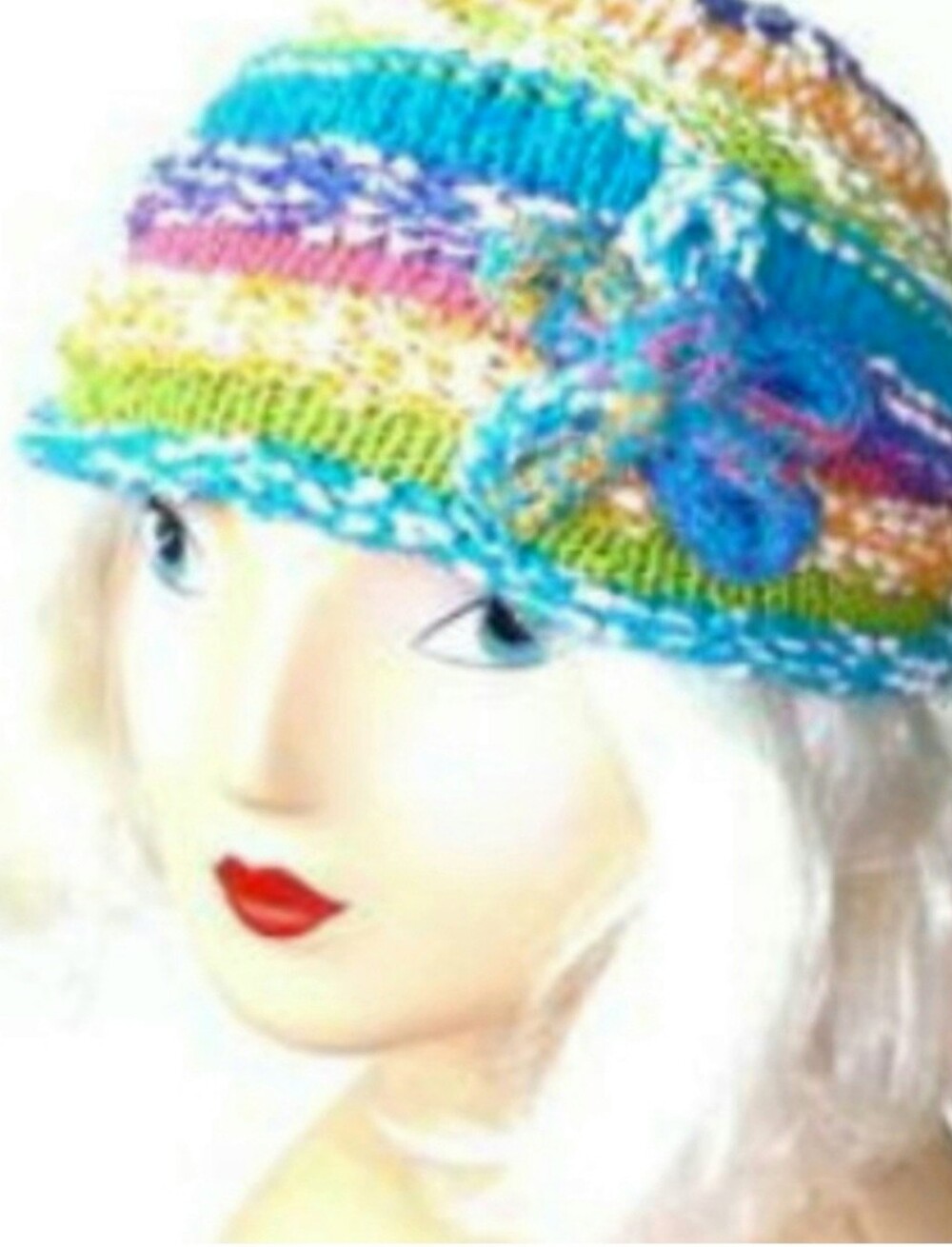 Cotton Hand Made Knit 70s Style Beanie Blue Green Pink Stripes Festival OOAK